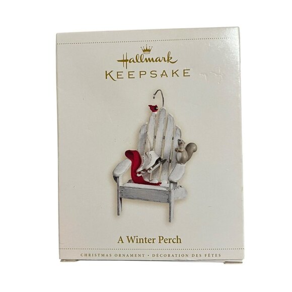 Hallmark Ornament A Winter Perch NEW 2006 Garden Chair Squirrel Cardinal Skates - Picture 2 of 15